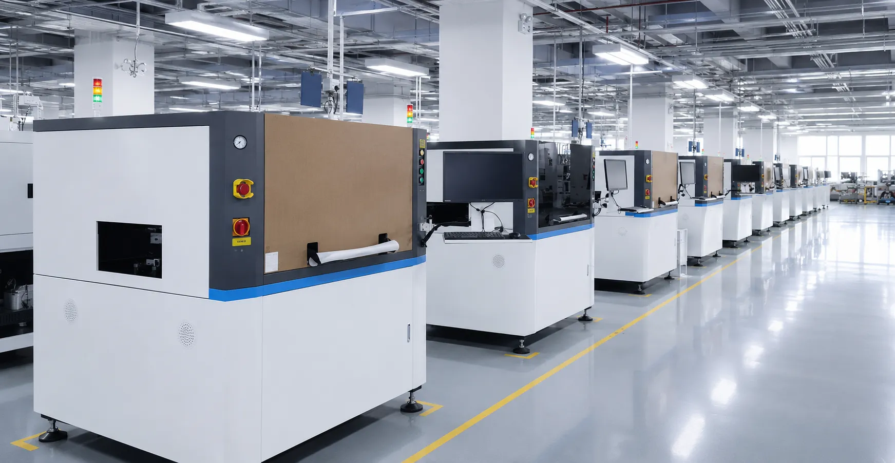 Machines in assembly and test positions along a clean factory hall with yellow floor markings
