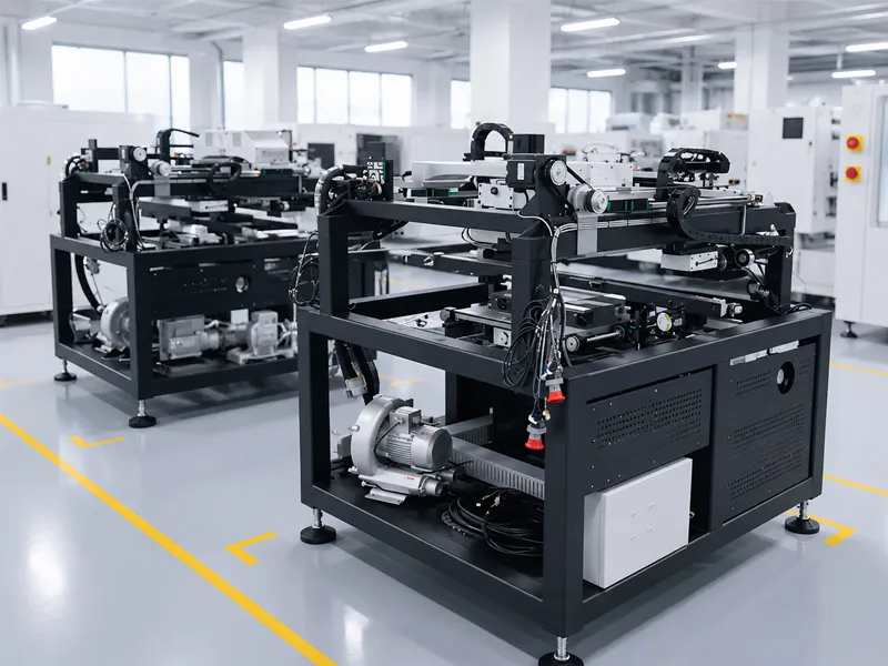 SMT printer frames and assemblies being built in a manufacturing workshop