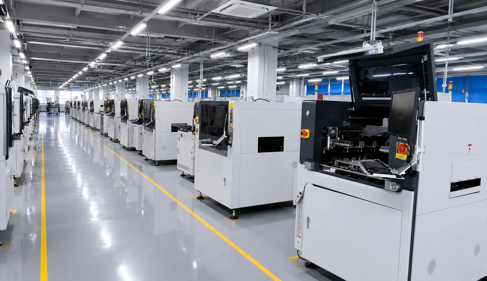 Row of SMT machines in an assembly hall with yellow floor lines and overhead lighting