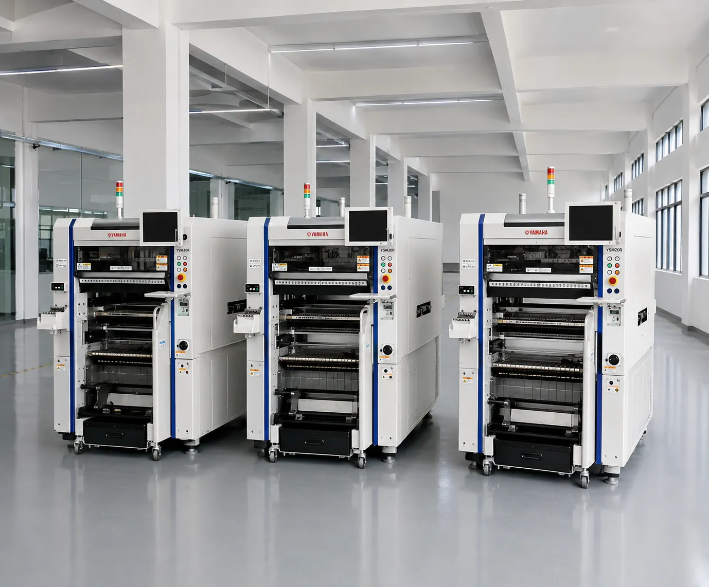 Yamaha YSM40R pick-and-place machines standing in a warehouse hall with flooring markings