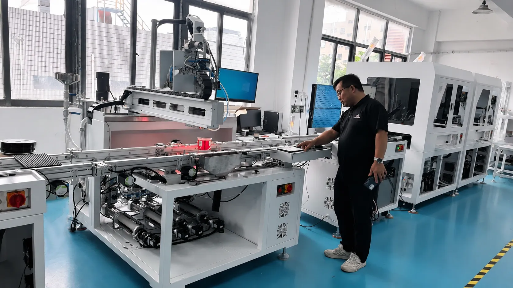 JHIMS engineering team debugging automation equipment in the factory