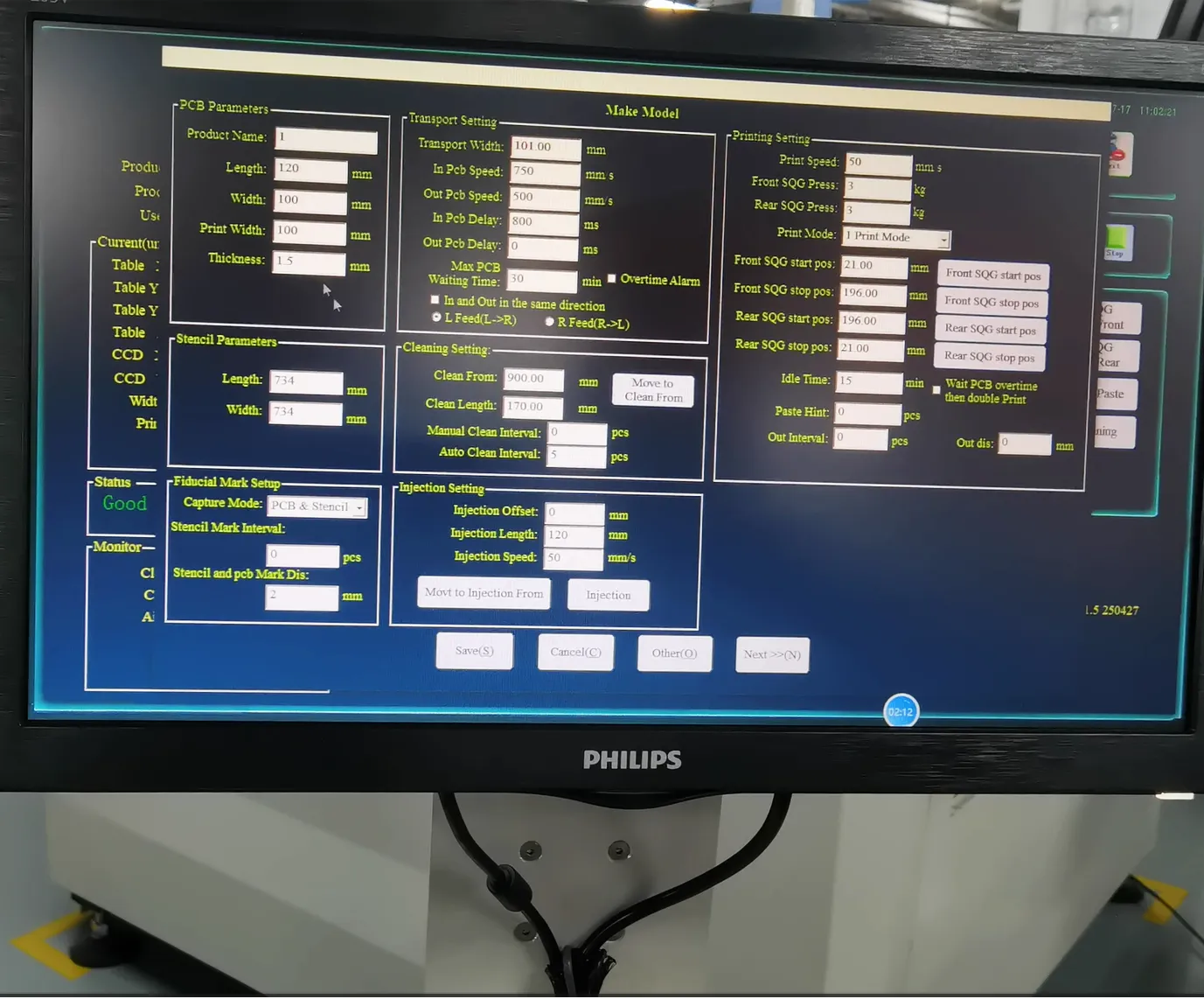 Software interface of the JHIMS M8 solder paste printer showing program and inspection settings
