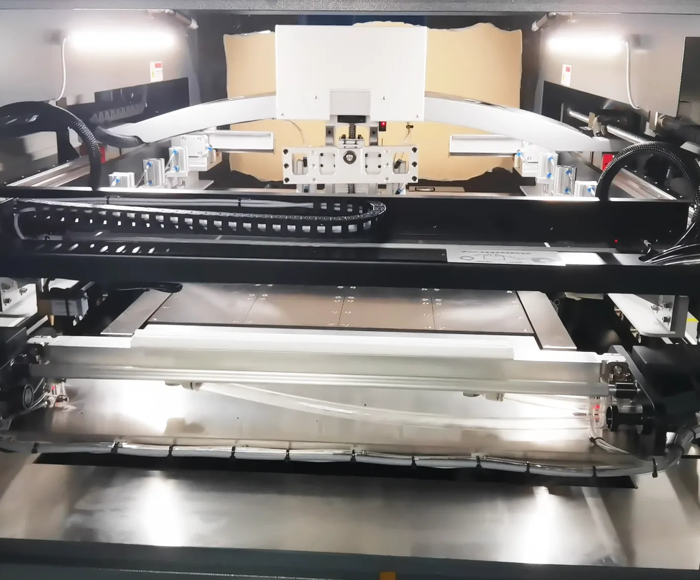 Stencil and print area inside the JHIMS M8 solder paste printer