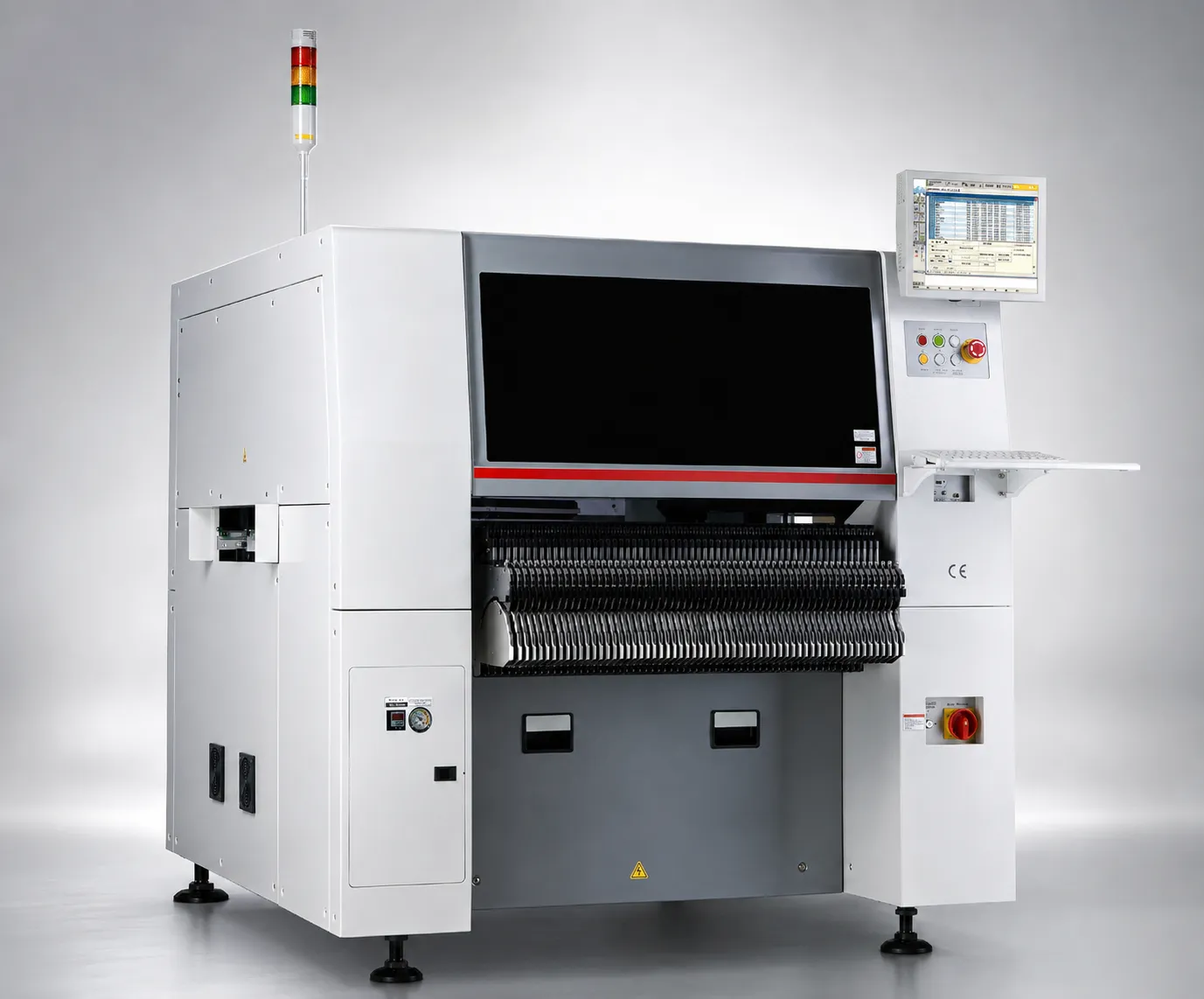 Hanwha SM481 Plus pick-and-place machine photographed from the front, showing the feeder bank and the operator control panel