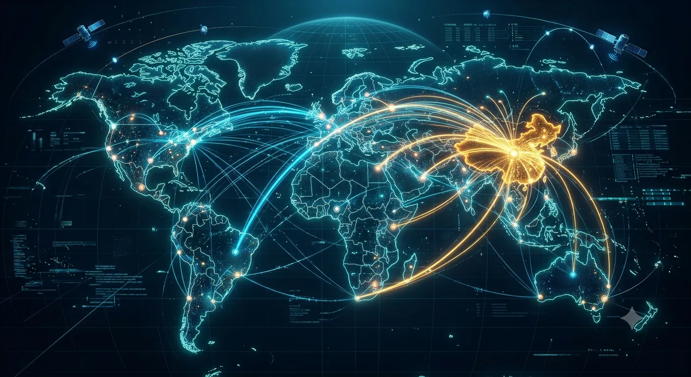 World map with light arcs radiating from China, illustrating JHIMS service coverage