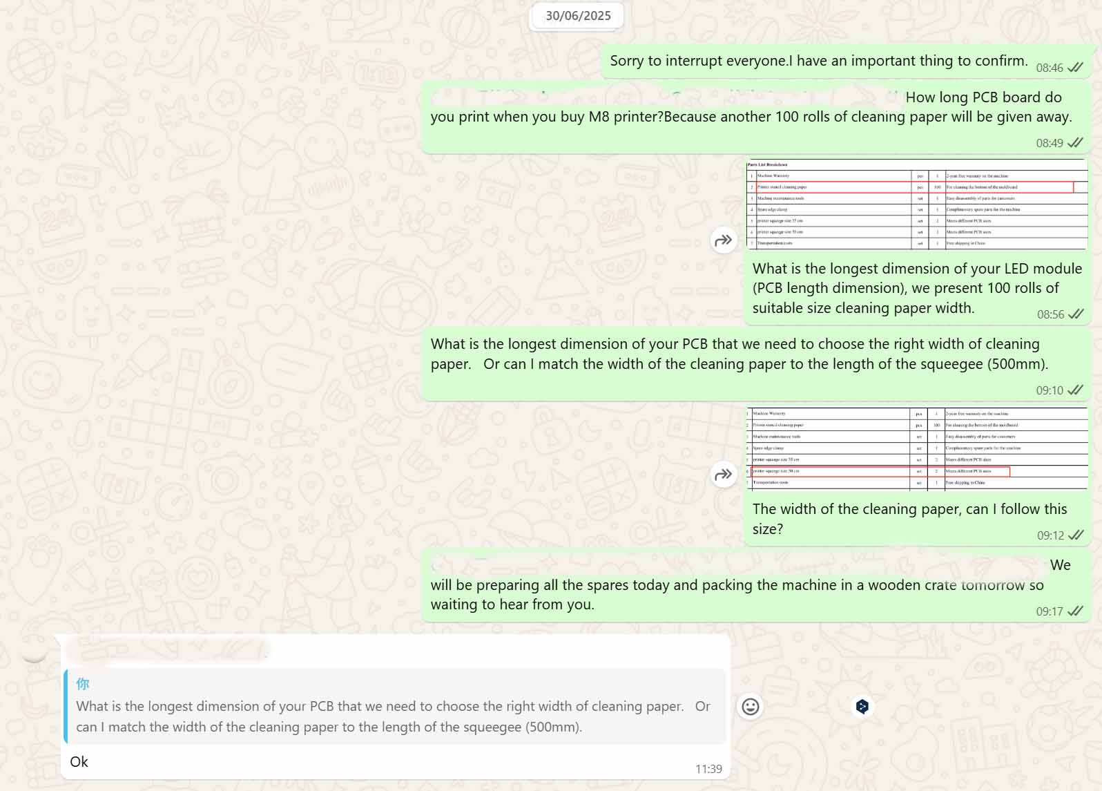Customer communication on spares and crating